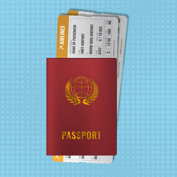 Міжнародний паспорт з посадковими талонами. Два помаранчевих квитки авіакомпанії з червоним міжнародним паспортом. Реалістична векторна ілюстрація
. - Вектор, зображення