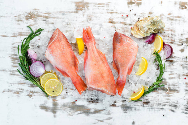 Seafood raw snapper on ice. Top view. Free space for your text. - Photo, Image