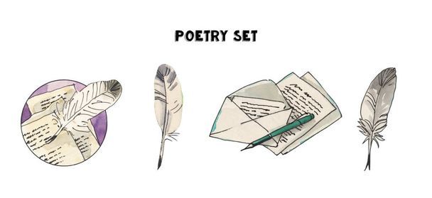 Poesia vintage acquerello insieme di illustrazioni. Lettere, piume, penne, penne. Illustrazioni disegnate a mano
. - Foto, immagini