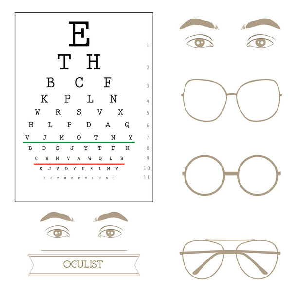 Eyesight test chart, eyeglasses - Vector, Image