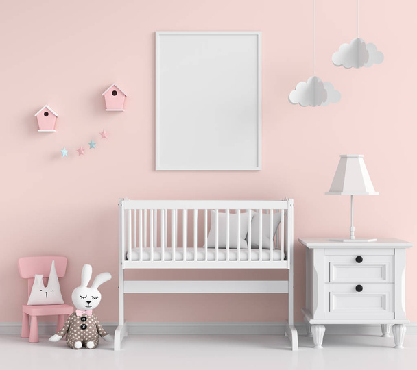 Tyhjä valokuvakehys mallinnukseen vaaleanpunaisessa lastenhuoneessa, 3D-renderöinti
 - Valokuva, kuva