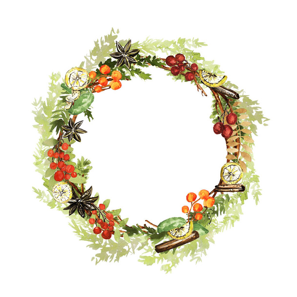 Watercolor Christmas wreath - Fotoğraf, Görsel