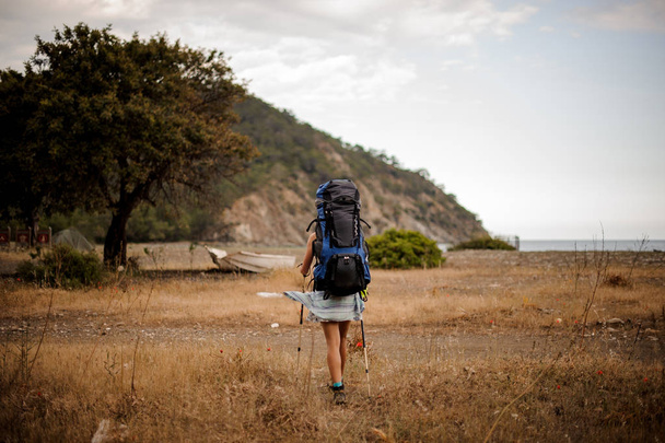 Fille vue de dos avec sac à dos et bâtons de randonnée à travers le champ
 - Photo, image
