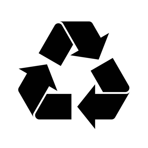 白い背景にシンプルな黒のリサイクル記号。材料をリサイクルするためのアイコンまたはシンボル。環境持続可能性の概念。リサイクル可能な製品を象徴するリサイクルロゴ。ベクトルイラスト、フラット.   - ベクター画像
