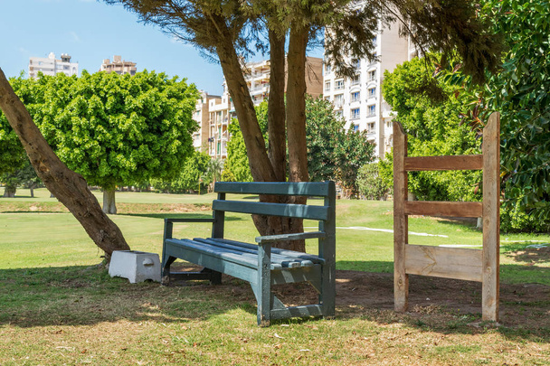 Ξύλινο παγκάκι κάτω από το δέντρο στο πάρκο της πόλης - Φωτογραφία, εικόνα