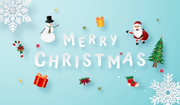 クリスマスプレゼント、メリークリスマスとハッピーニューイヤーと雪のフレークの折り紙アート - ベクター画像