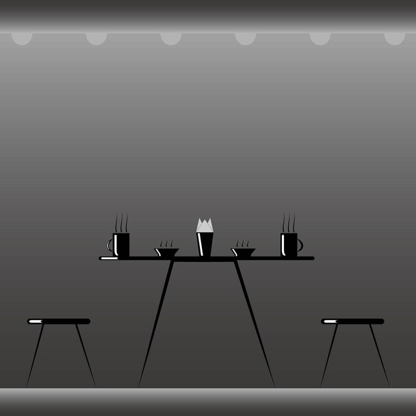 иллюстрация в стиле минимализма черный стол с парящими чашками и тарелками, и держатель салфетки и два стула по бокам стола на градиентном фоне серого цвета с полом и потолком
 - Фото, изображение
