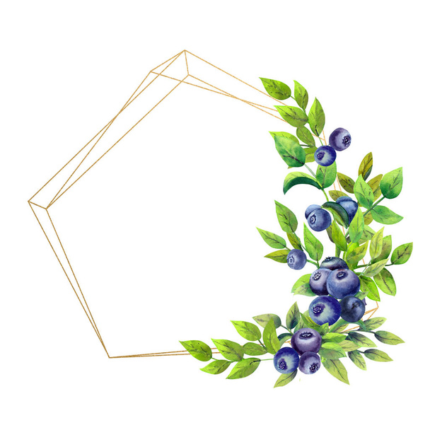Golden geometric frame with ripe blueberries on white isolated background. Watercolor illustration. - Fotografie, Obrázek