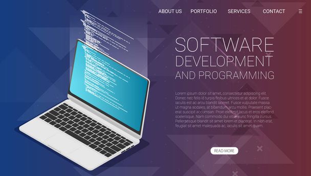 Desarrollo y programación de software, código de programa en la pantalla del ordenador portátil, procesamiento de big data, informática - Vector
 - Vector, Imagen