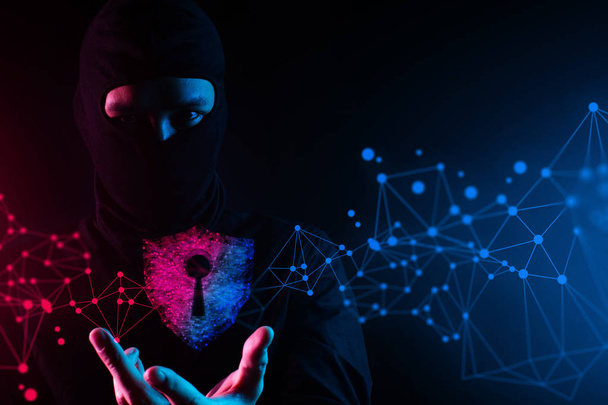 hacker mask man, shield key hole anti-virus network, robotic system online, data deep learning, server security hacking, hologram ui ai - Foto, Imagem