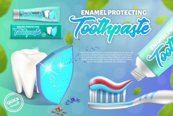 Concetto di design pubblicitario del dentifricio protettivo dello smalto. Illustrazione dei denti sotto lo scudo e lo spazzolino da denti
. - Vettoriali, immagini