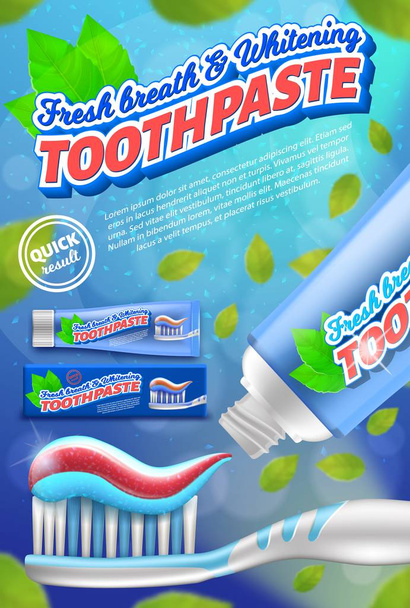 Концепция дизайна зубной пасты и зубной щетки. Реалистичная векторная иллюстрация. 3d рекламный плакат. Стоматологическая помощь
. - Вектор,изображение
