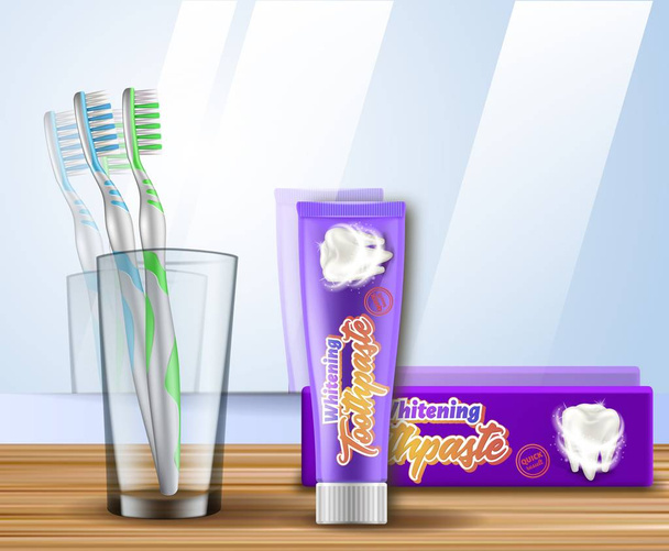 Realistic vector illustration of the dental items. 3d image of the bathroom accessories. - Vector, Image