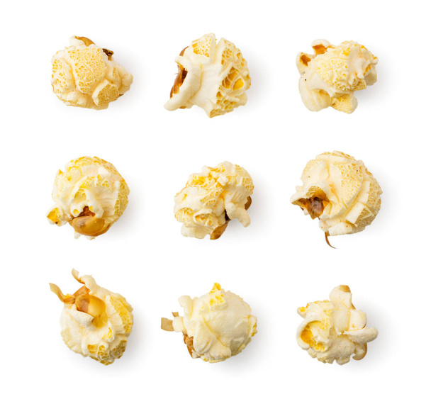 Set of popcorn closeup on a white. The view of the top. - Photo, Image