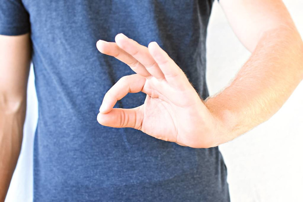 Foto en el torso de un hombre de veintitantos años que hace gestos con las manos
 - Foto, Imagen