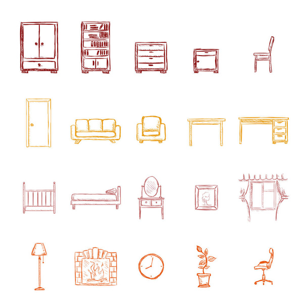 Ensemble vectoriel d'icônes de meubles de croquis de couleur
 - Vecteur, image