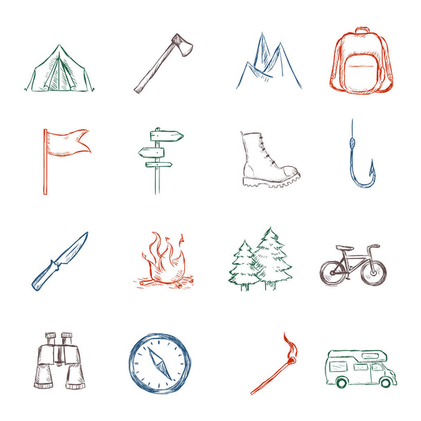 Vector Set of Color Sketch Hiking and Camping icons - Vector, Image