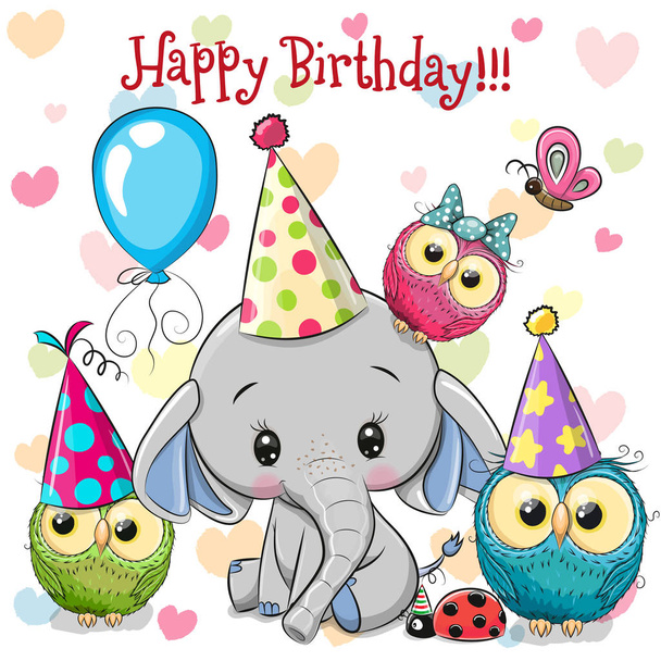 Cute Elephant and owls with balloon and bonnets - Διάνυσμα, εικόνα
