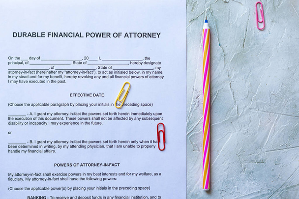 Durable financial Power of Attorney Form or POA document - Photo, image