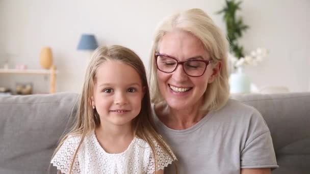 Head shot portrait grandmother and granddaughter making video call - Záběry, video