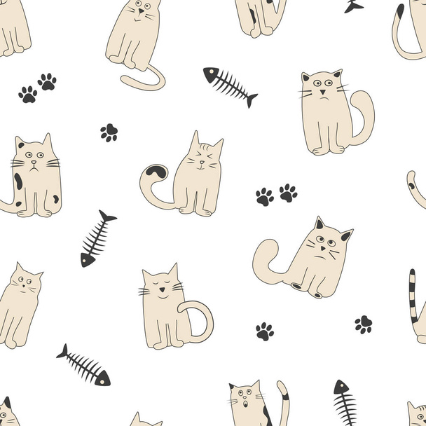 Seamless pattern with fish bone, paw track and cute cats with different emotions. Vector illustration - Vektör, Görsel