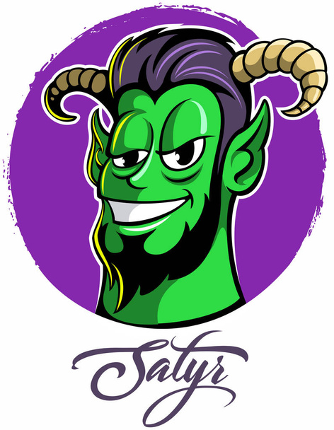 Cartoon style smiling Satyr horned head, vector image. - Vetor, Imagem