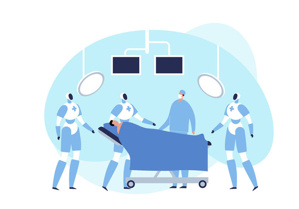 Vector moderne platte robotchirurgie illustratie. Chirurg en robot met patiënt in operatiekamer met monitor en lamp op witte achtergrond. Ontwerpelement voor geneeskunde Web, ui, poster, banner. - Vector, afbeelding