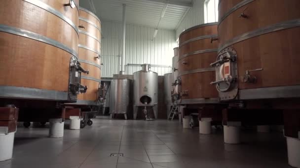 Salón de la fábrica de vinos con Enorme vino vertical Barricas boscosas de roble donde se fermentan las uvas
 - Imágenes, Vídeo