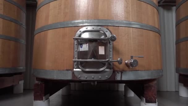 Леди приходит и открыть огромные вертикальные вина дубовые бочки, где виноград ферментируется
 - Кадры, видео