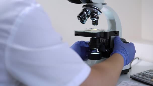 Laboratóriumi mikroszkóppal a biológiai tudományok laboratóriumában - Felvétel, videó
