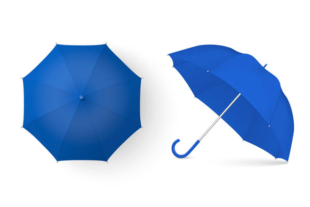 Vector 3d Realistic Render Blue Blank Umbrella Icon Set Closeup Isolated on White Background. Design Template of Opened Parasols for Mock-up, Branding, Advertise etc. Top and Front View - ベクター画像