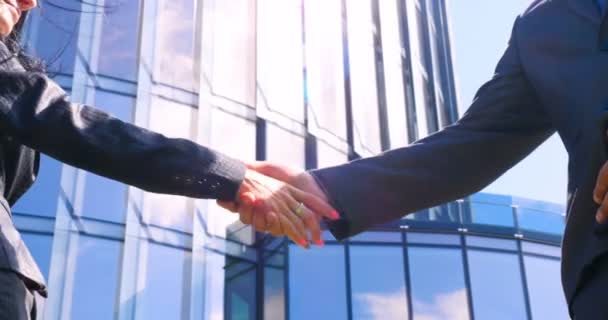 Close up businesswoman and businessman shaking hands Asociación empresarial. Concepto de: Rascacielos, Oferta, Edificio de negocios, Arquitecto, Estilo de vida. - Metraje, vídeo