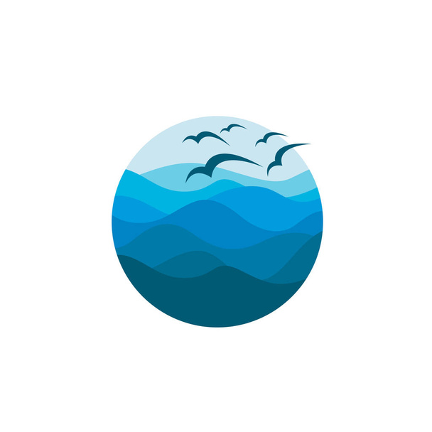 abstract icon of blue ocean waves and seagulls - ベクター画像