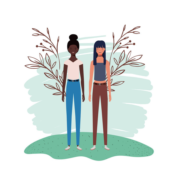 young women standing with landscape background - Vector, Image