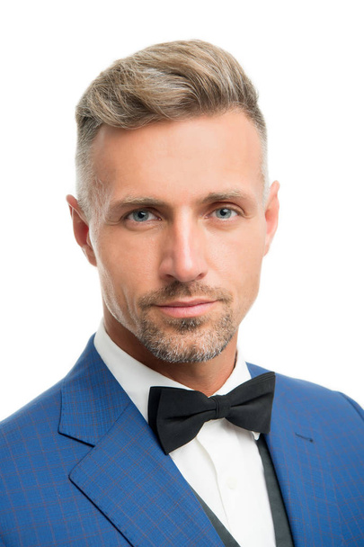 Proper bow tie. Gentleman modern style. Guy well groomed bearded gentleman wear tuxedo. Barber shop concept. Radiating confidence Elegant gentleman. Fashion accessory. Handsome guy close up - Photo, Image