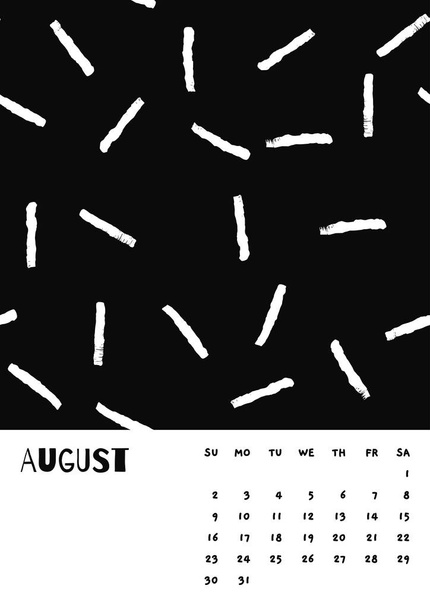 2020 August English Calendar Abstract Vector Hand Draw brush stroke black and white. Week starts Sunday. Monochrome minimalism style. - Vector, Image