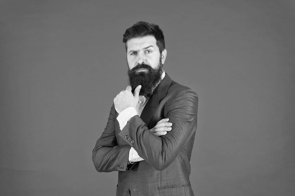 Decision making is part of management. Mental process of choosing from set of alternatives. Hard decision. Business decision. Man bearded businessman thoughtful face solving problem making decision - Fotografie, Obrázek