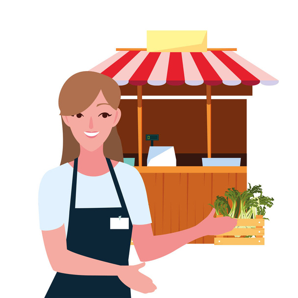 vendedor mulher produtos agrícolas stand
 - Vetor, Imagem