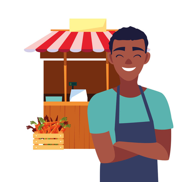 vendedor homem produtos agrícolas stand
 - Vetor, Imagem