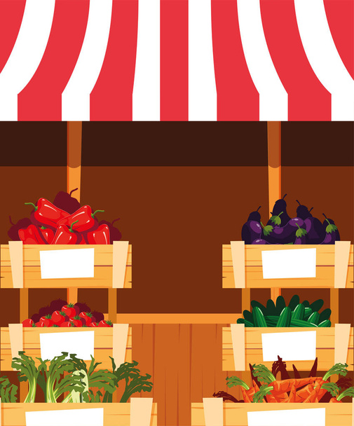 staan de verkoop van groenten en fruit - Vector, afbeelding
