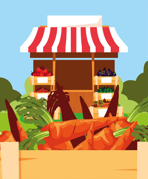 πώληση λαχανικών καρότα σε ξύλινο καλάθι - Διάνυσμα, εικόνα
