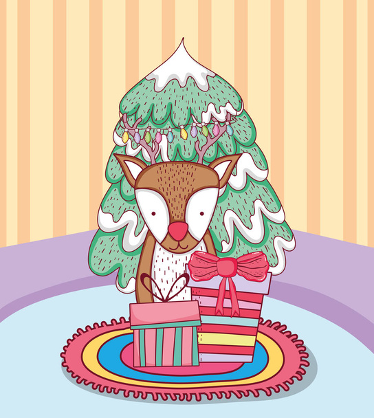 家の中でトナカイとメリークリスマスツリー - ベクター画像
