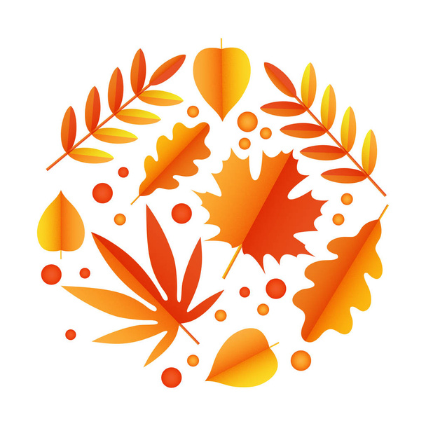 Set of bright autumn leaves in flat style. Stylized leaves of maple, Rowan, oak, birch, aspen, Linden. Autumn seasonal design. Isolated vector object on white background. - ベクター画像