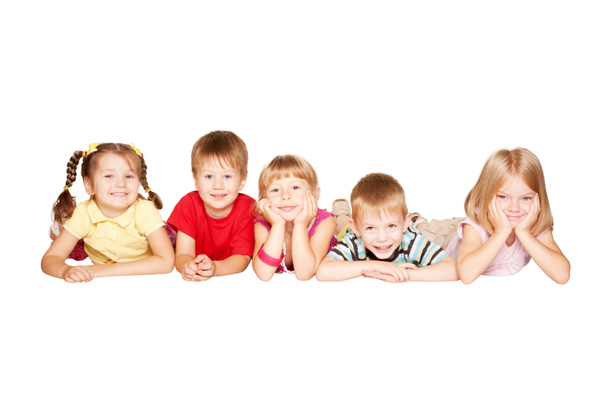Grupa dzieci, zabawy, leżącego na podłodze - Zdjęcie, obraz