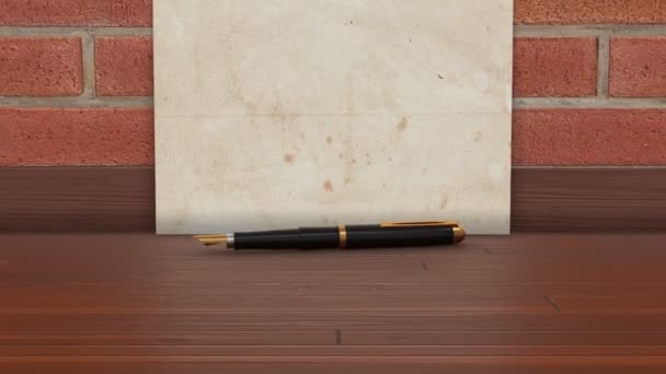 Oude briefpapier met een vulpen op een houten vloer. 4k UHD 3D animatie template. - Video