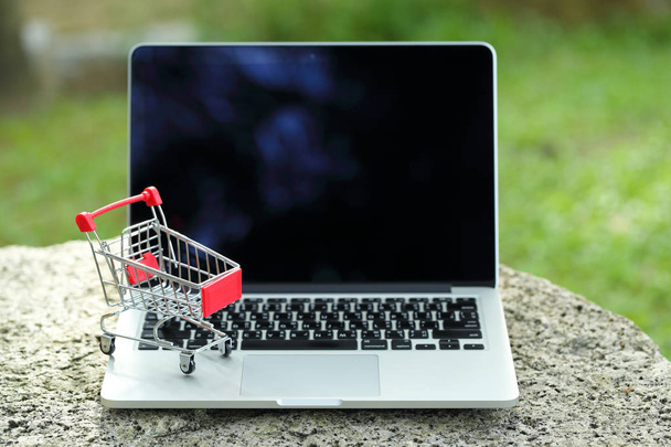 trolley with computer, idea for shopping and online payment using as business background - Zdjęcie, obraz