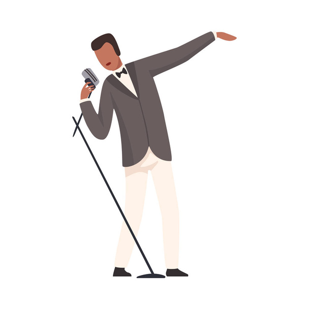 エレガントなスーツを着た男性ジャズ歌手が歌ベクトルイラストを演じる - ベクター画像