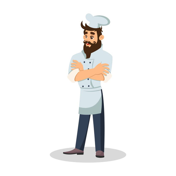 Brodaty kucharz w kapelusza kucharza. Wesoły kelner. Serwer spożywczy w mundurze. Ilustracja kreskówka wektor - Wektor, obraz