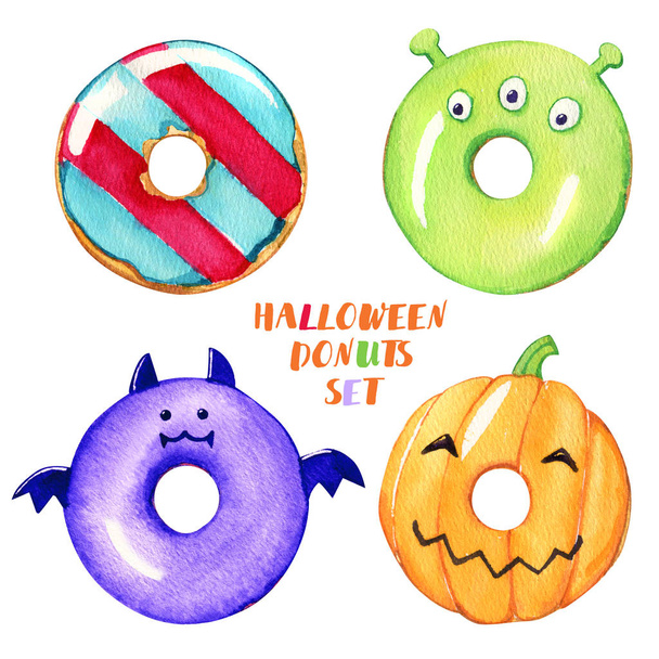 Halloween donuts alien bat pumpkin stripes watercolor isolated s - Photo, Image
