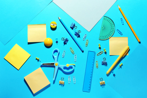 Different school stationery on color background - Photo, Image